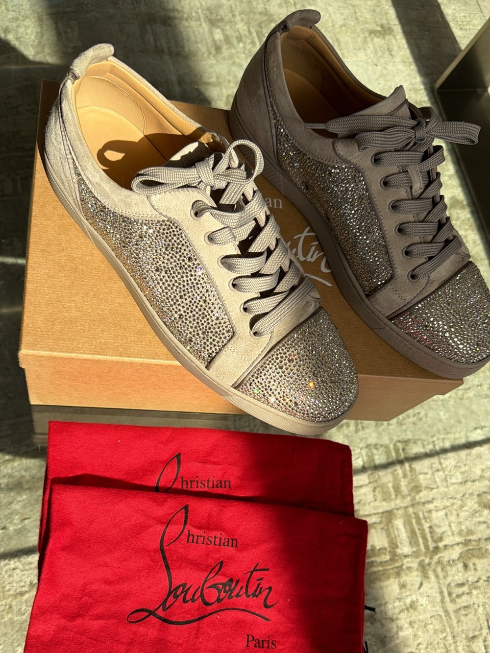 Christian Louboutin Taupe Crystal-Embellished Low-Top Sneakers